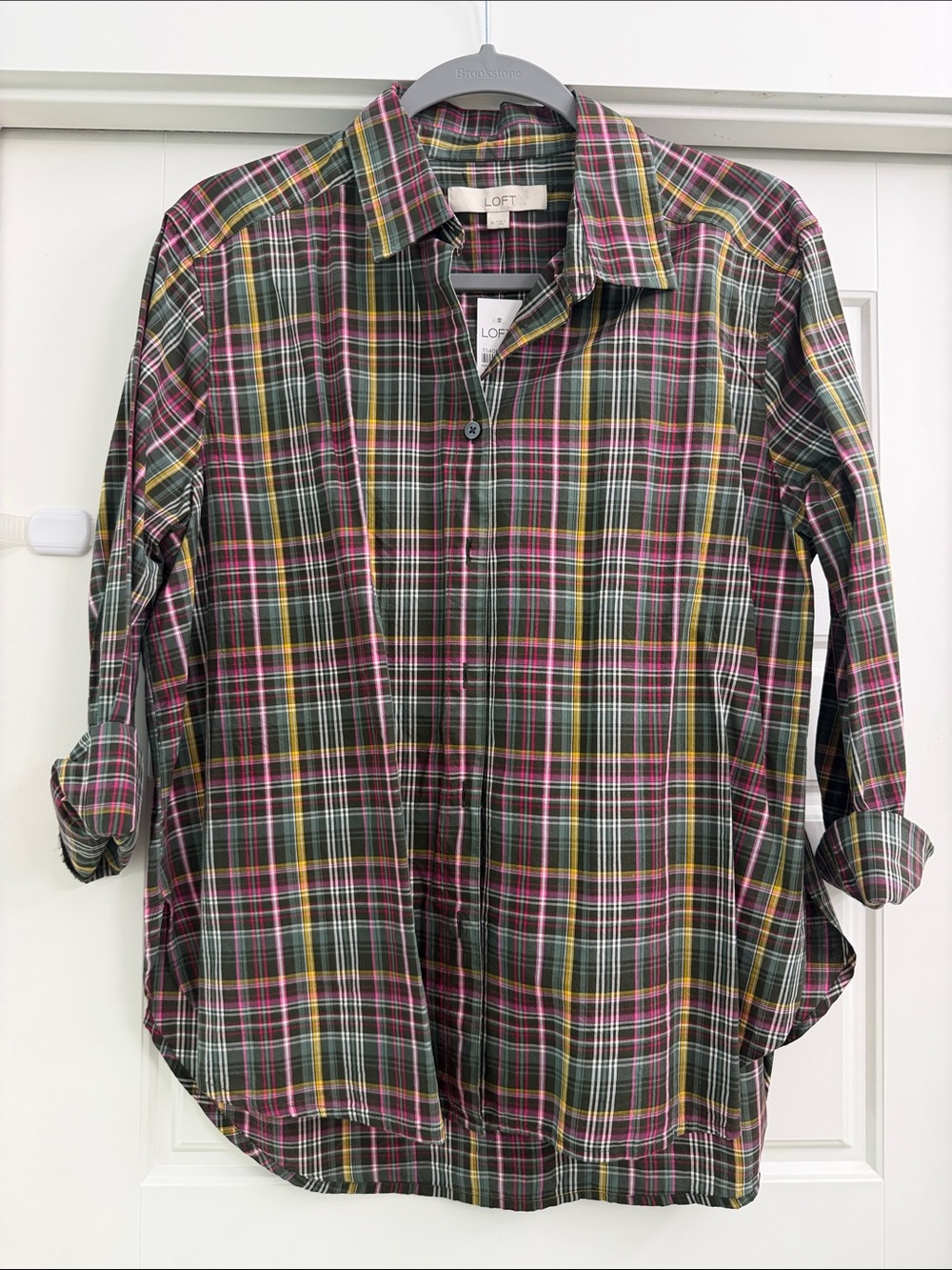 Never worn LOFT Green Plaid Button-Down Shirt with Pink and Yellow Accents